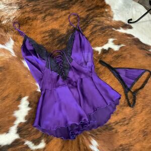 vintage satin Shirley Of Hollywood Sheer Mesh Lace Up Tie Bust W/ Thong Size S